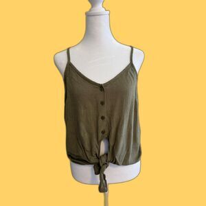 Topshop Army Green Linen Blend Cropped Tie Front Tank Top With Buttons Size US6